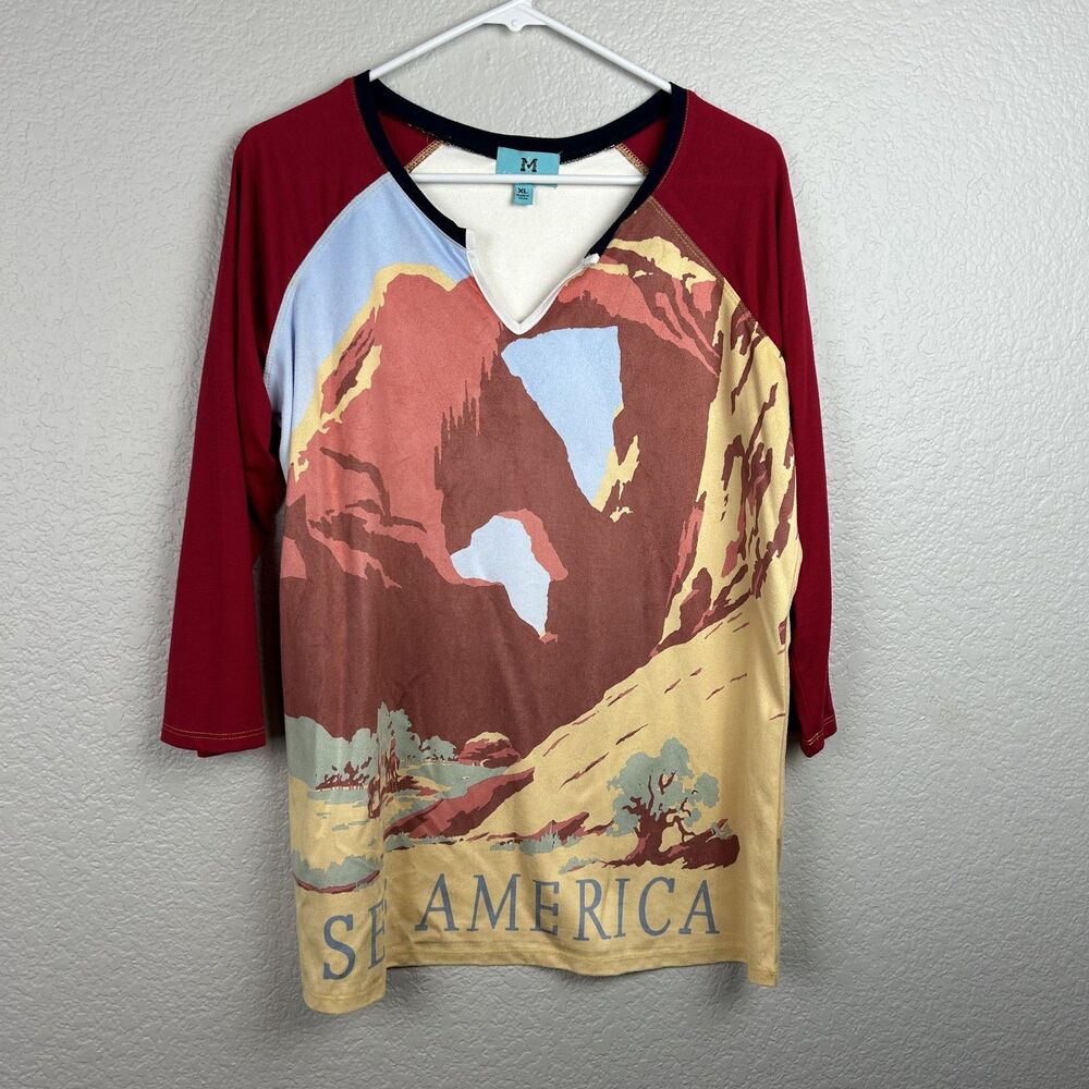 South Main Women's Raglan Shirt See America Poster Yellow Red Size